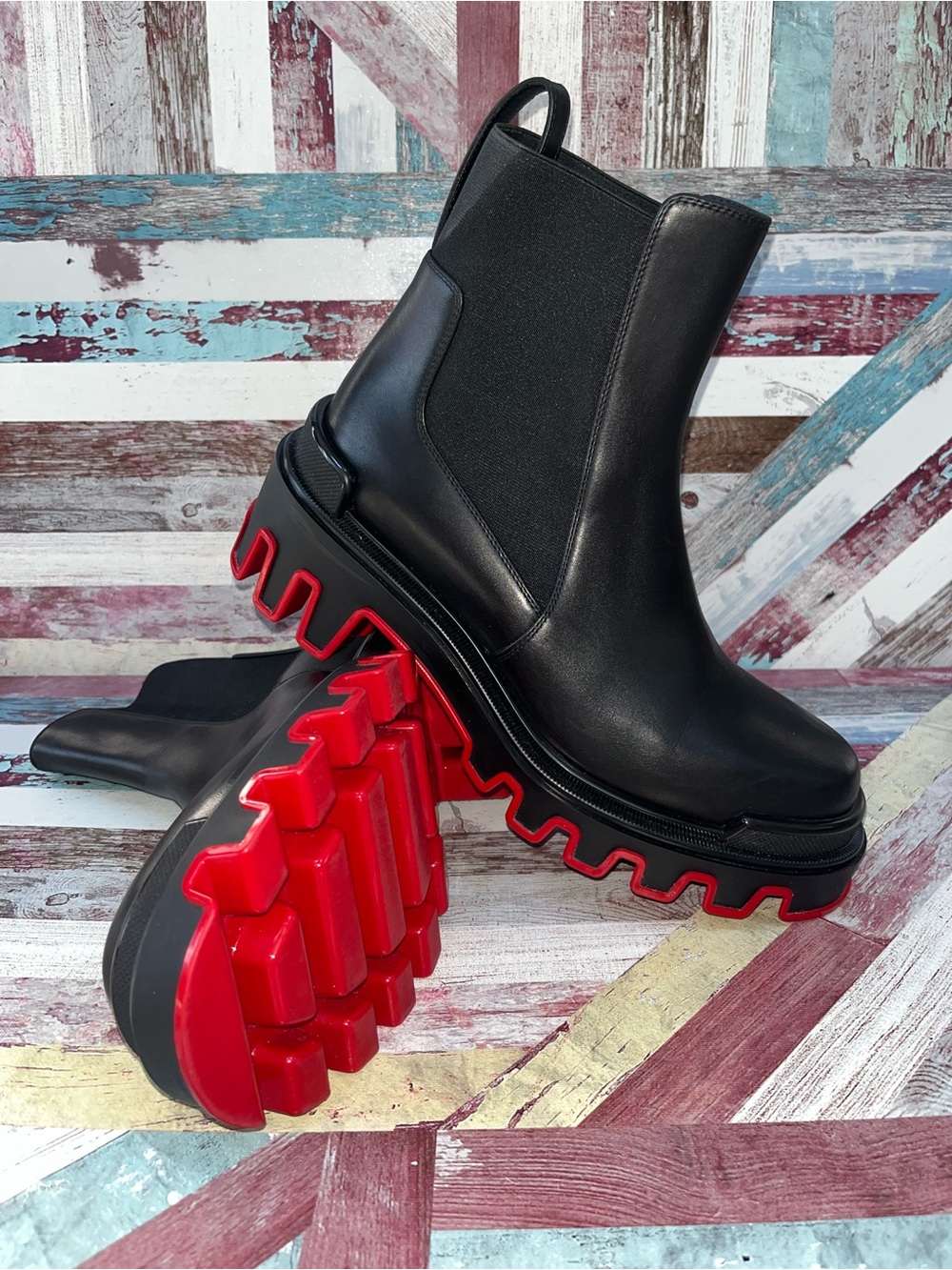 Christian Louboutin Marchacroche Dune Chelsea Boots Booties Leather Blk/Red SZ 8